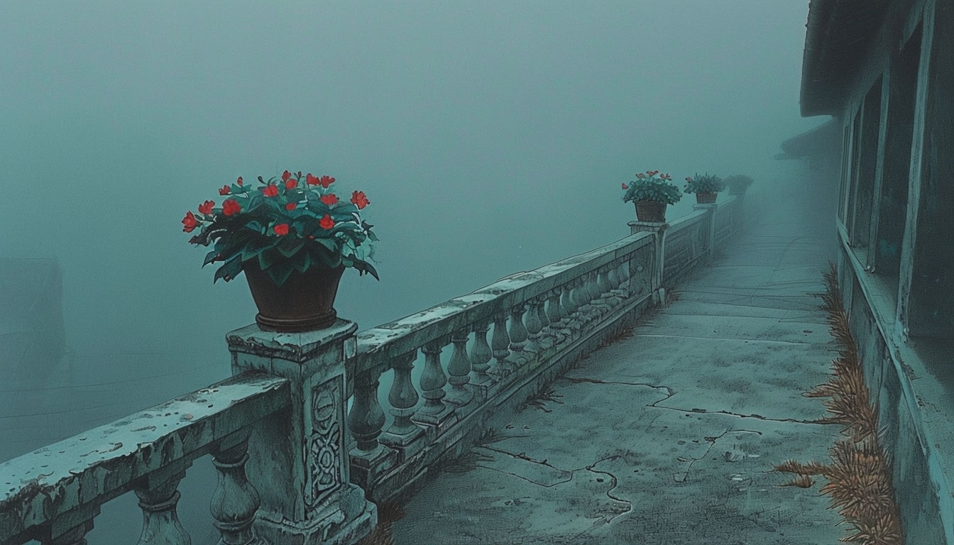 Eerie Foggy Balcony Scene in San Miguel Watercolor Background