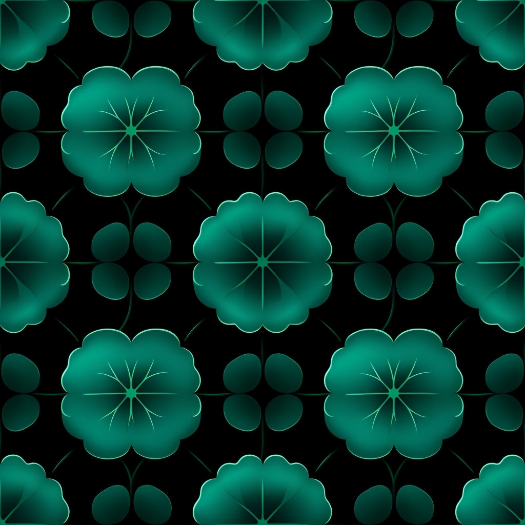 Teal Green Leaf Symmetry on Black Seamless Pattern Design