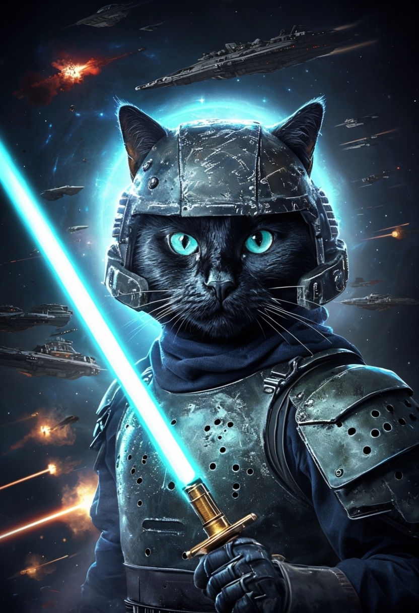 Futuristic Armored Black Cat with Lightsaber Cosmic Art Poster