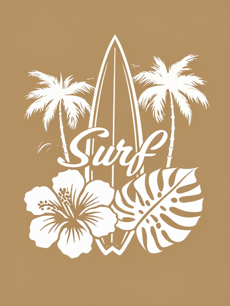 Minimalist Tropical Surfboard and Palm Trees T-Shirt
