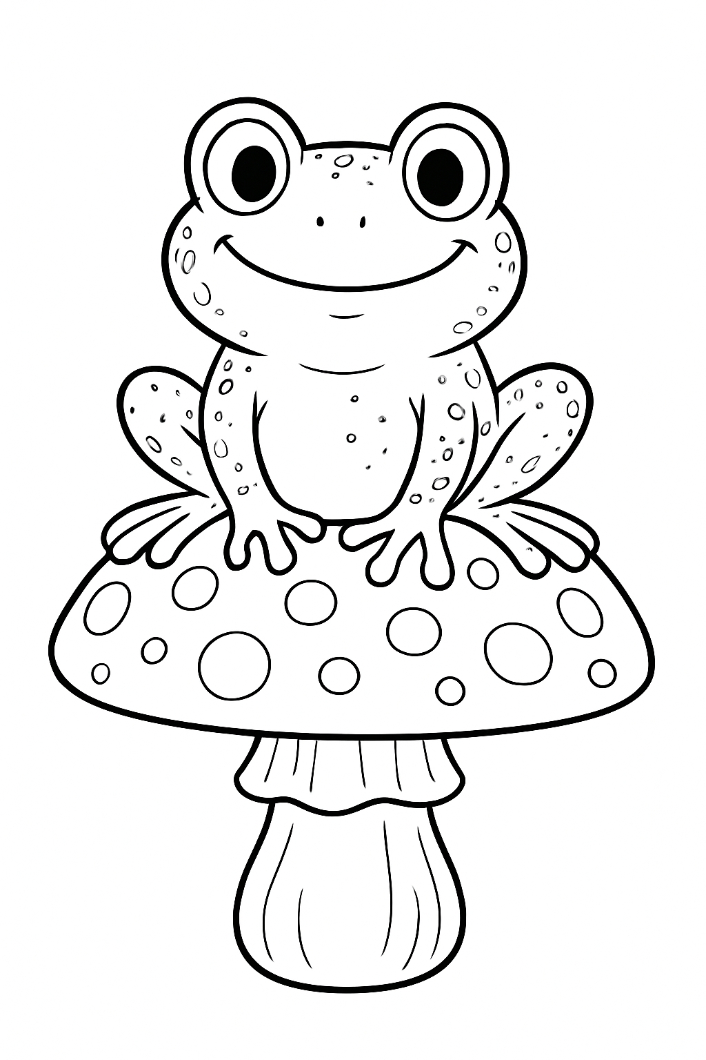 Cheerful Cartoon Frog on Spotted Mushroom Coloring Book Page
