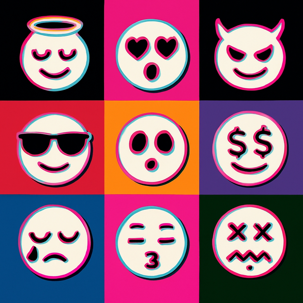 Vibrant Emoji Faces in 3x3 Grid Pop Art Seamless Pattern