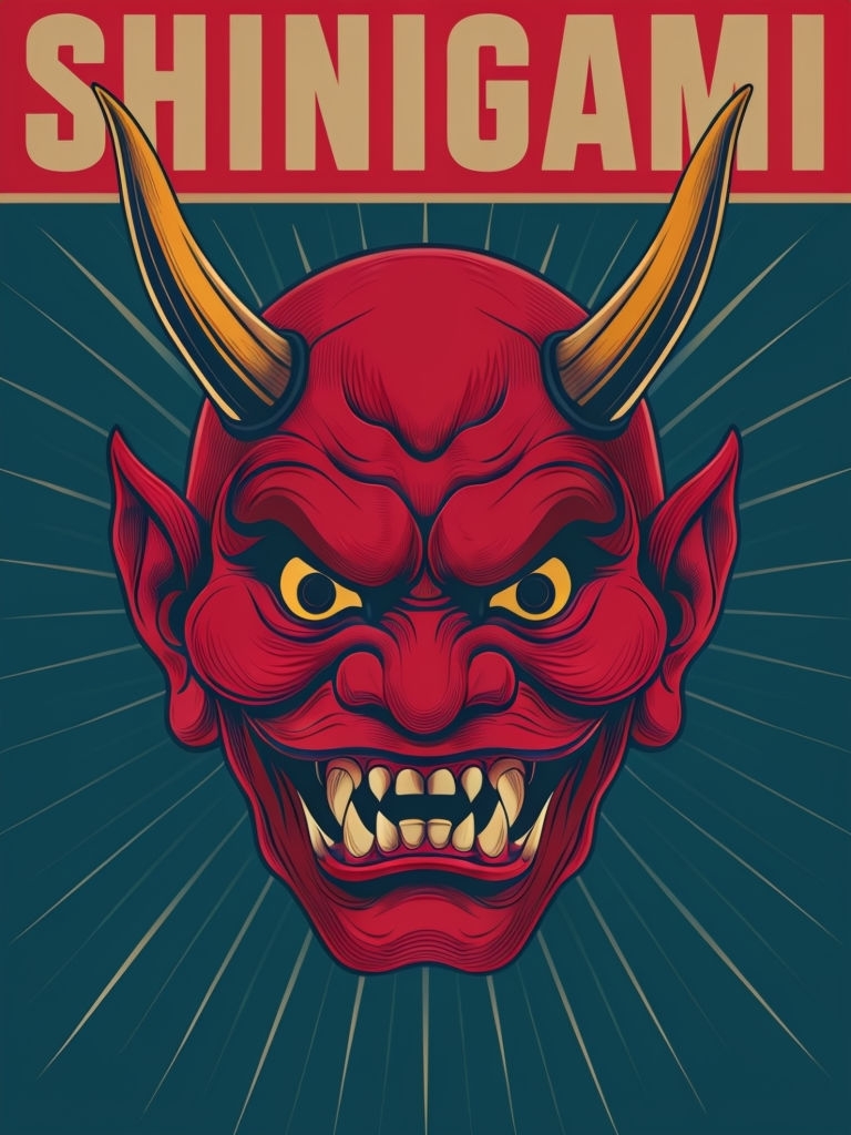 Intense Vintage Japanese Demonic Mask Illustration Poster