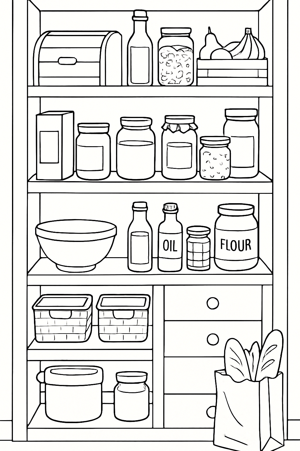 Organized Black and White Pantry Line Drawing Coloring Page