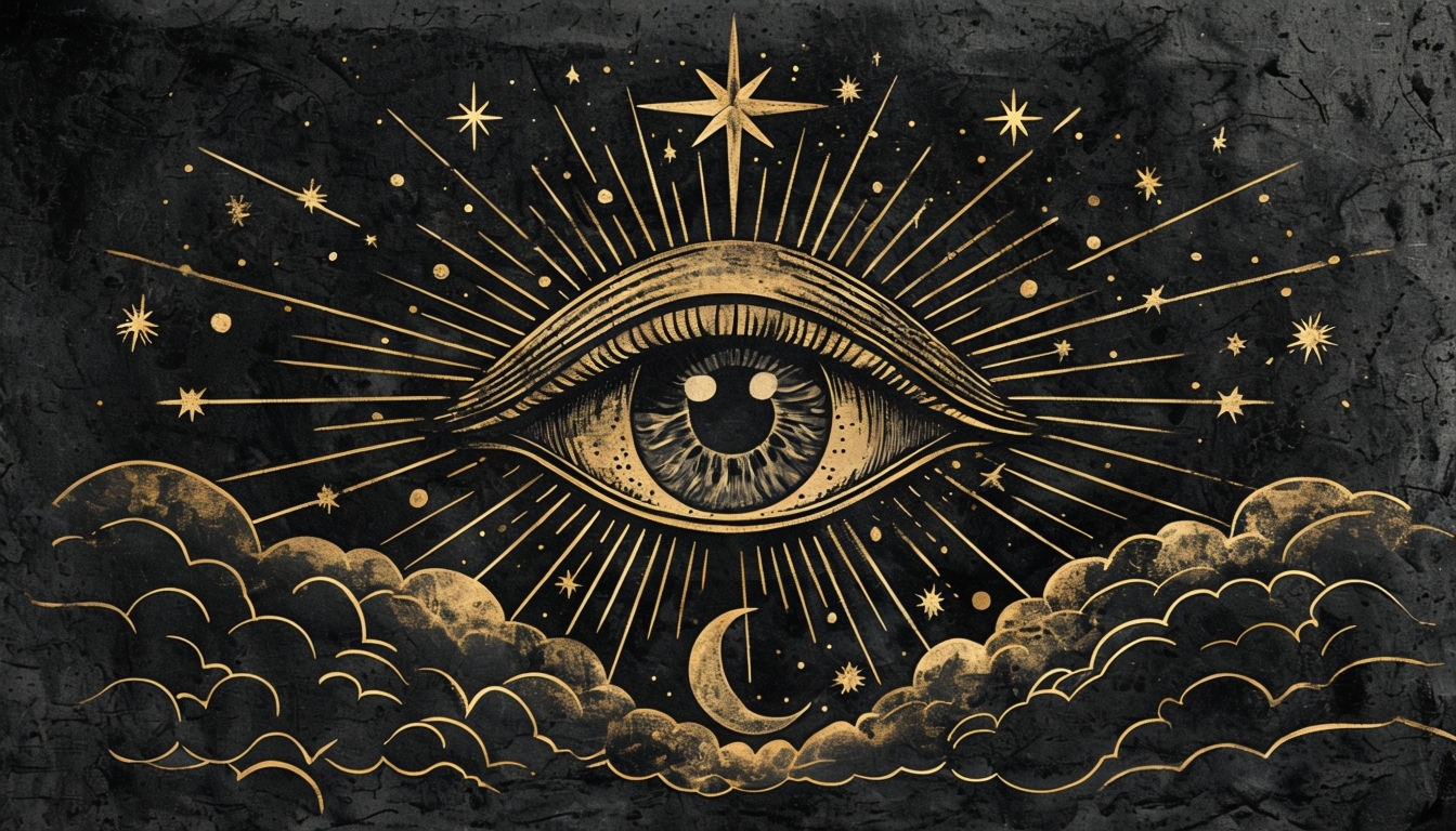 Mystical All-Seeing Eye Illustration with Golden Stars Background