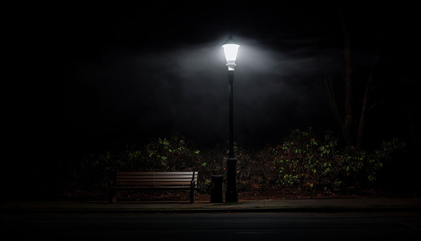 Mysterious Nighttime Park Scene with Lamp and Bench Virtual Backgrounds