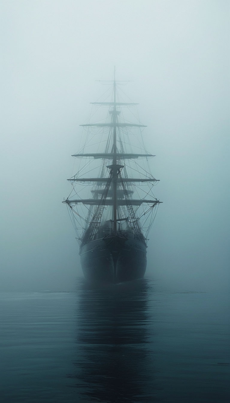 Mysterious Sailing Ship Emerging from Foggy Waters Mobile Wallpaper