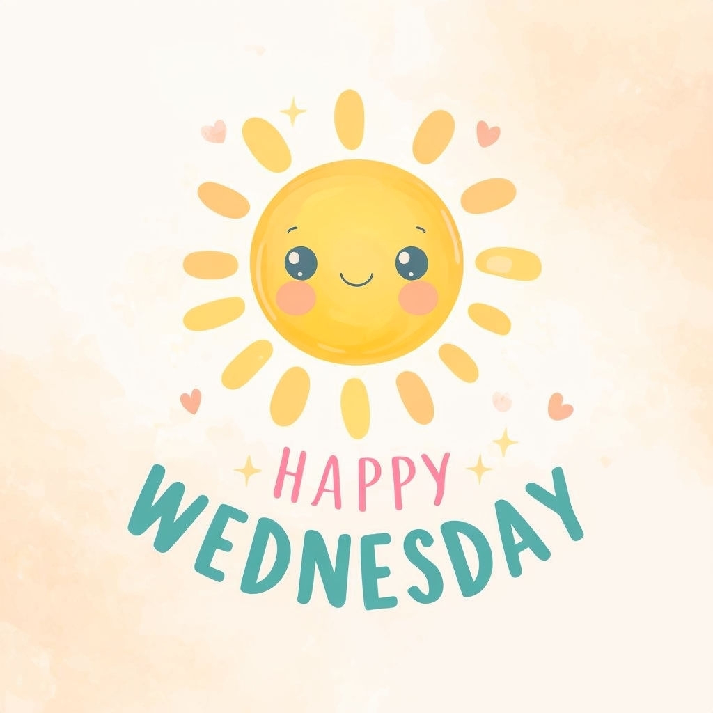 Whimsical Happy Wednesday Sun Character Greeting Card Design Social Media Post