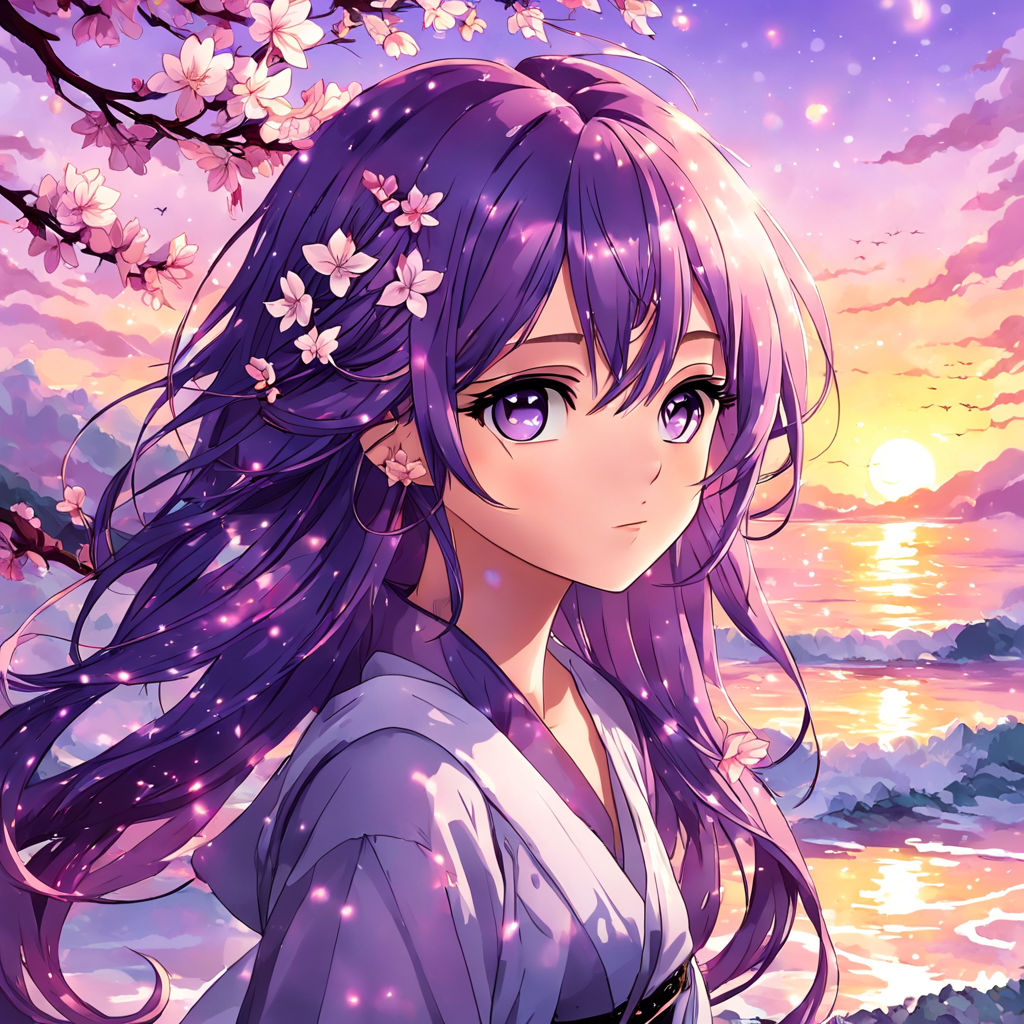 a cute anime girl with purple hair wearing yukata