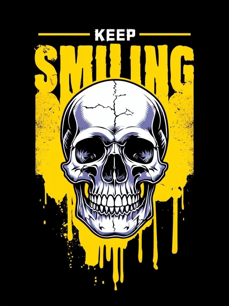 Yellow Skull and Keep Smiling Edgy Urban Art T-Shirt