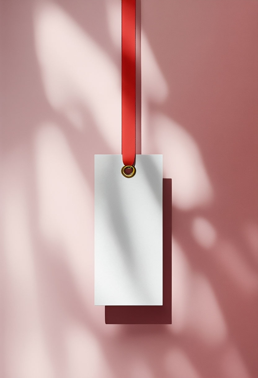 Minimalist White Tag Mockup with Red Ribbon on Pink Background Mockup