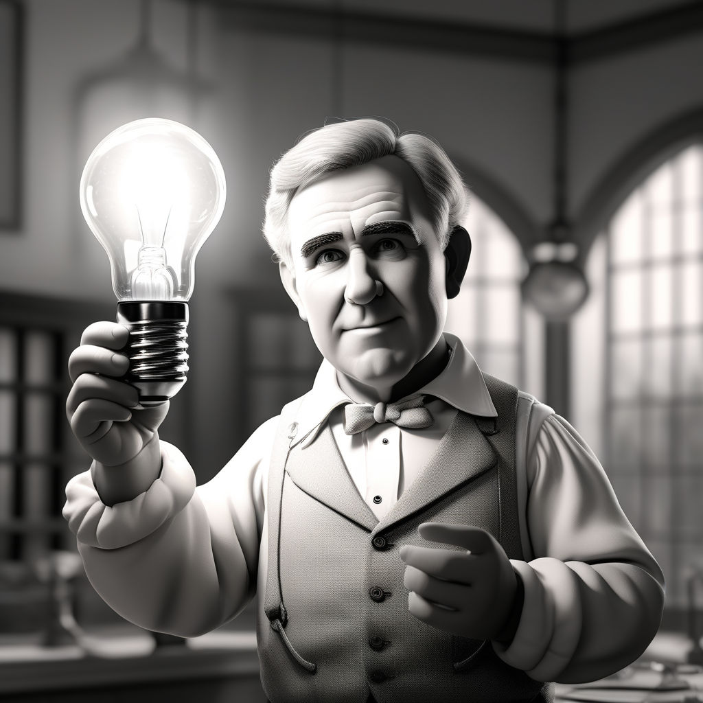 Cartoon character of Thomas Edison holding a light bulb. by Fatma ...