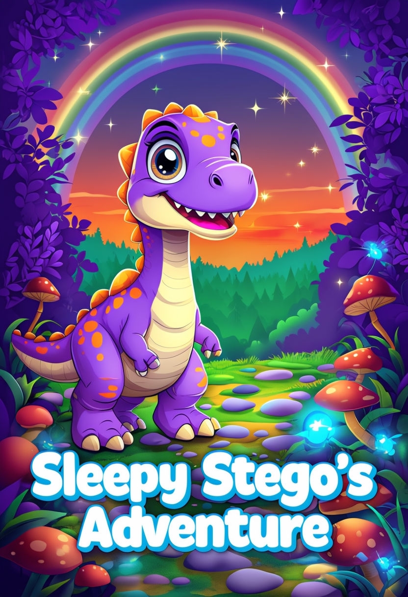 Cheerful Purple Dinosaur Adventure Illustration for Children’s EBook Cover
