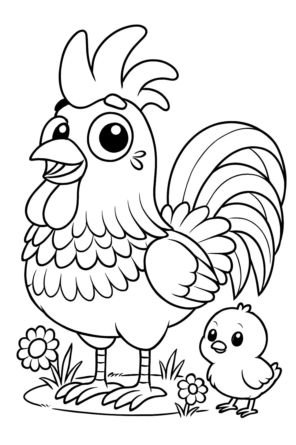 Adorable Cartoon Rooster and Chick Line Drawing Coloring Book Pages