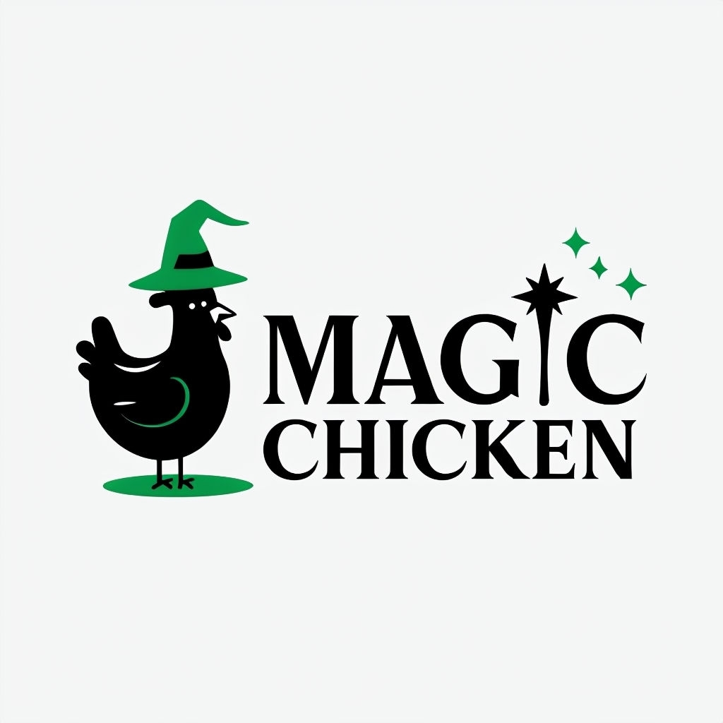 Whimsical Black Chicken Logo with Emerald Green Accents