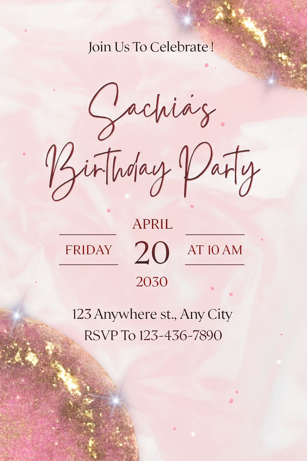 Elegant Pink Marble Birthday Party Invitation Poster