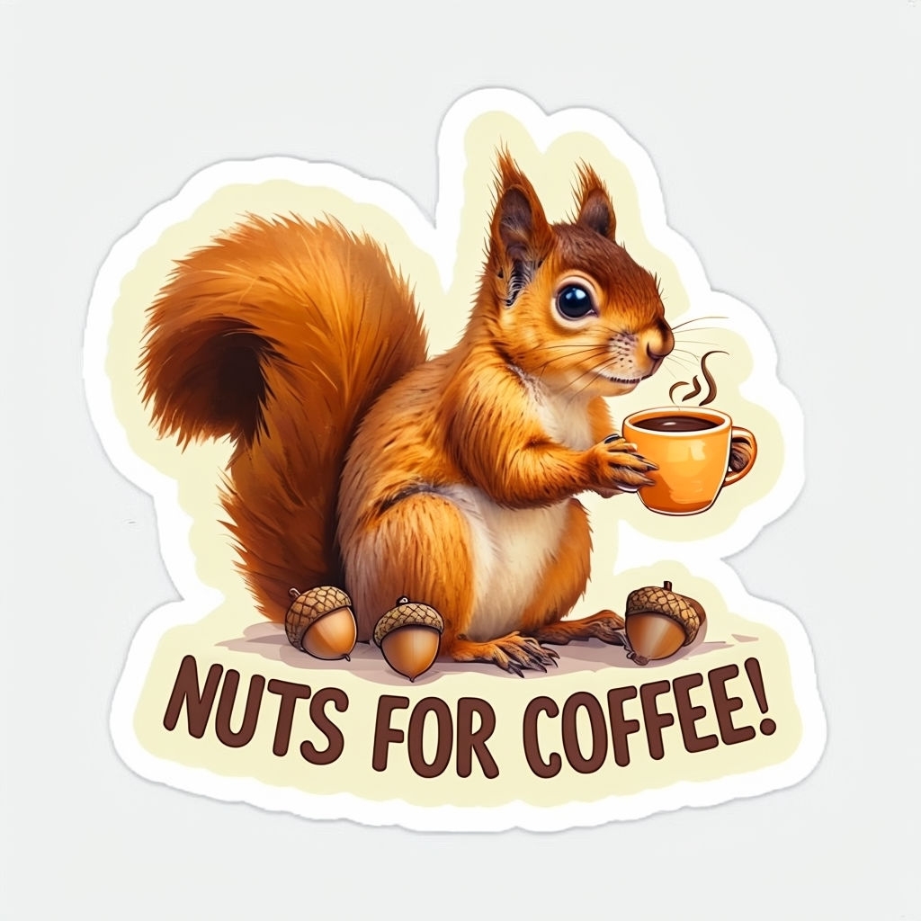 Whimsical Squirrel with Coffee Cup and Acorns Sticker