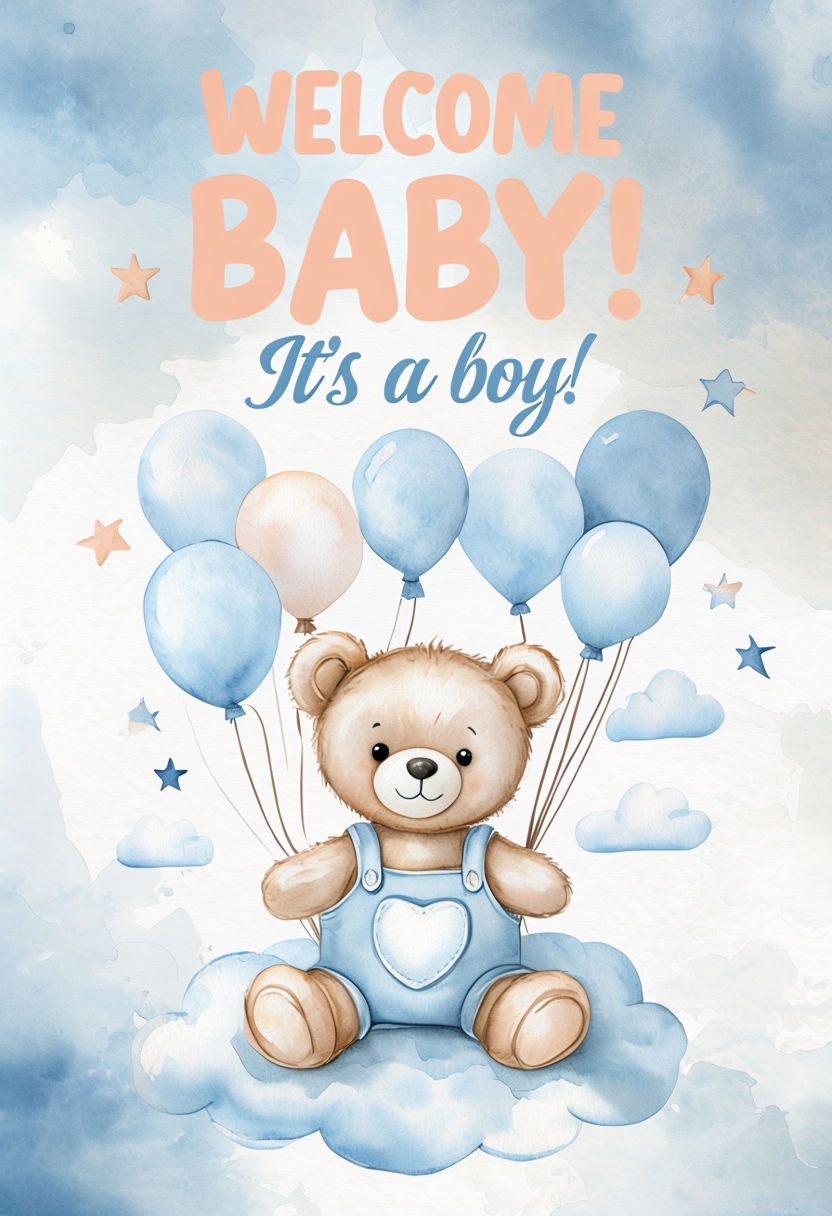 Whimsical Welcome Baby Boy Teddy Bear Watercolor Sign