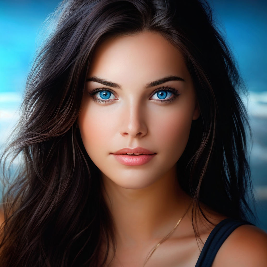 a stunning 22 years-old woman black hair deep blue eyes