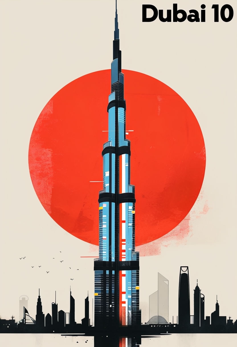 Minimalist Burj Khalifa Illustration with Dubai Skyline Poster