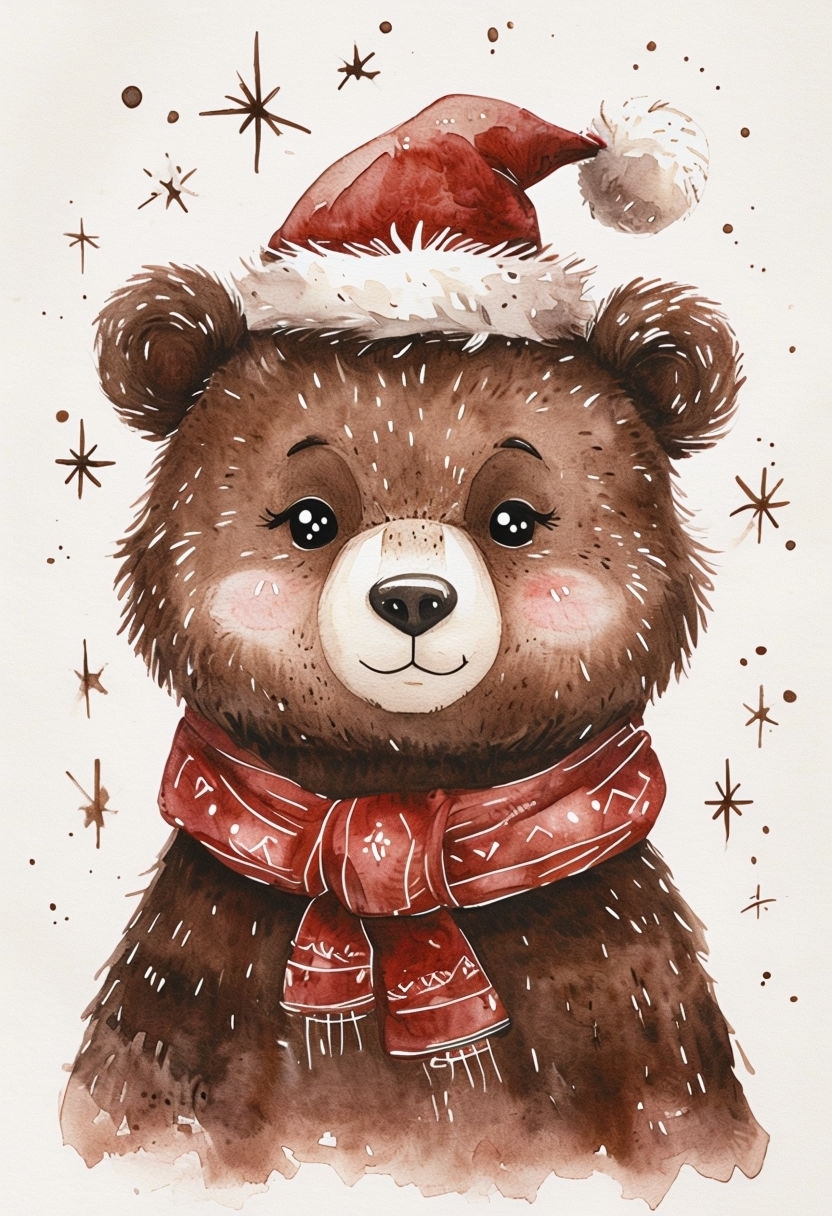 Festive Brown Bear Watercolor Christmas Illustration Art