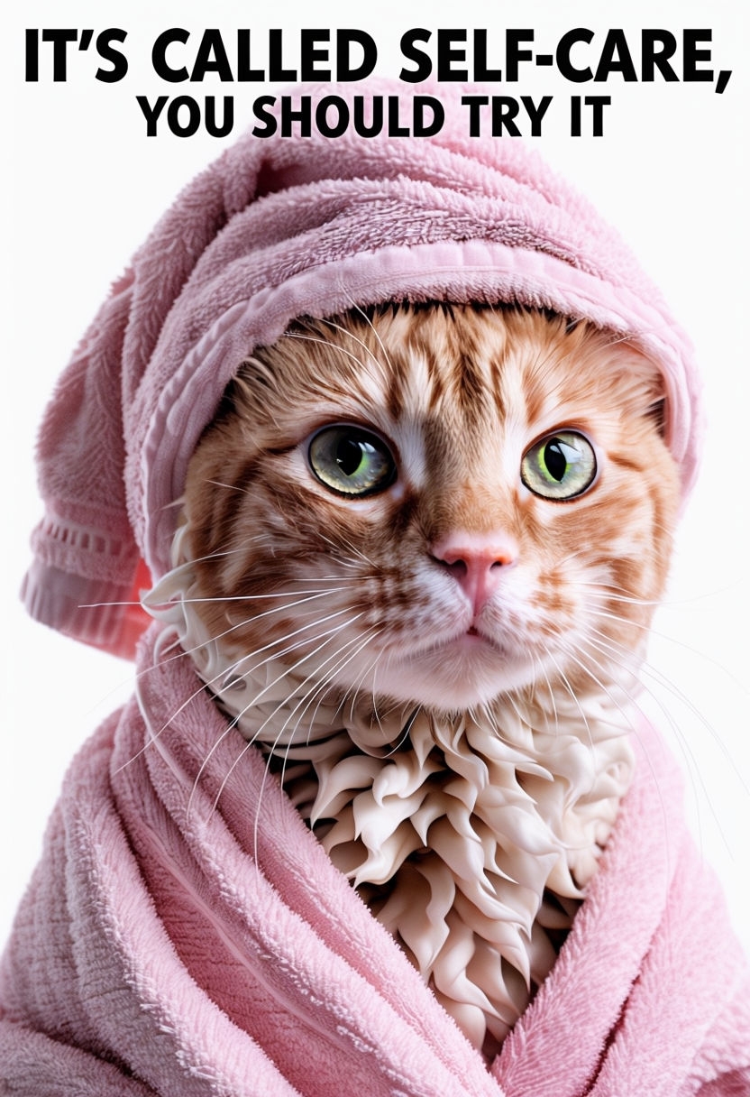 Noble Cat in Pink Towel Promoting Self-Care Humor Meme