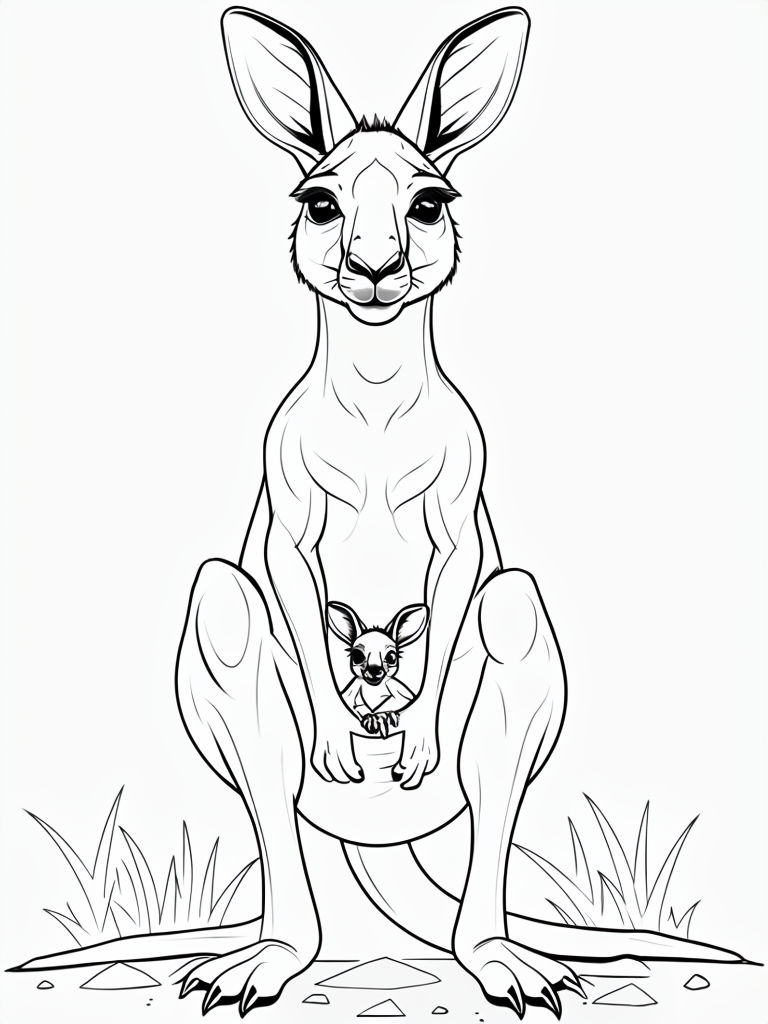 Intricate Adult Kangaroo and Joey Outline Drawing for Coloring Book Pages