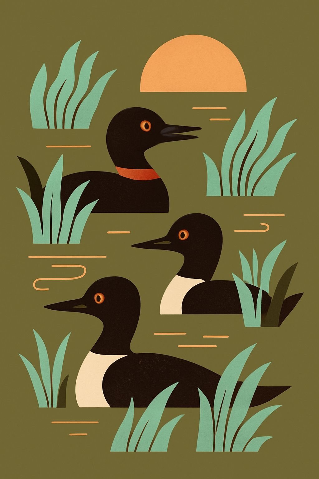 Minimalist Black Birds Illustration on Olive Green Background Poster
