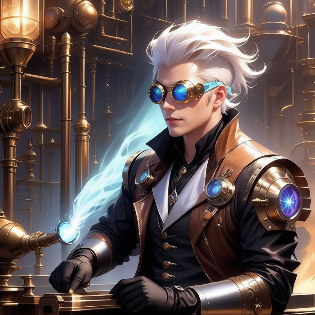 Young male white hair dnd artificer inventor steampunk welde... by ...