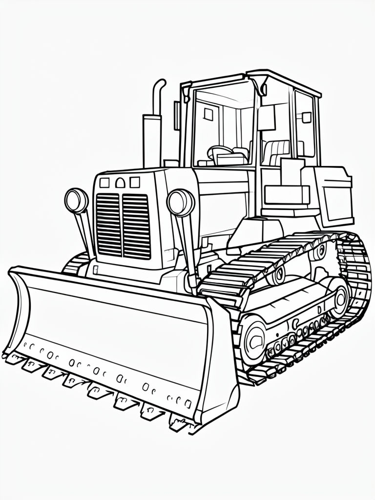 Detailed Black and White Bulldozer Line Drawing Coloring Page