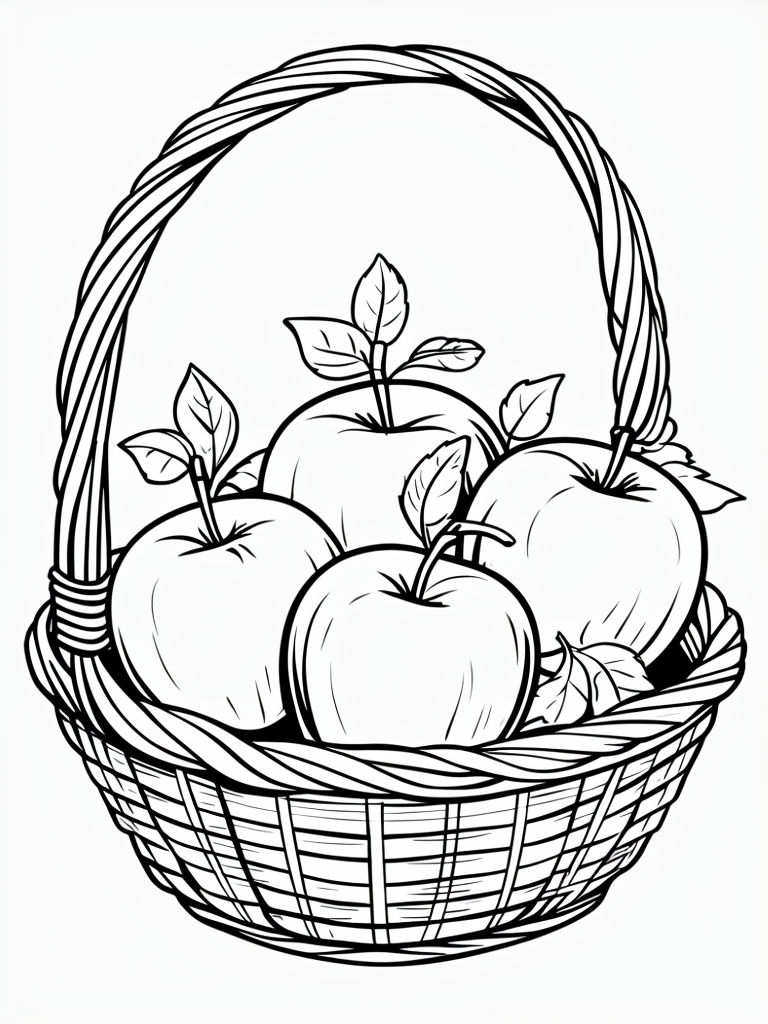 Wicker Basket with Apples Black and White Line Drawing Coloring Book Pages