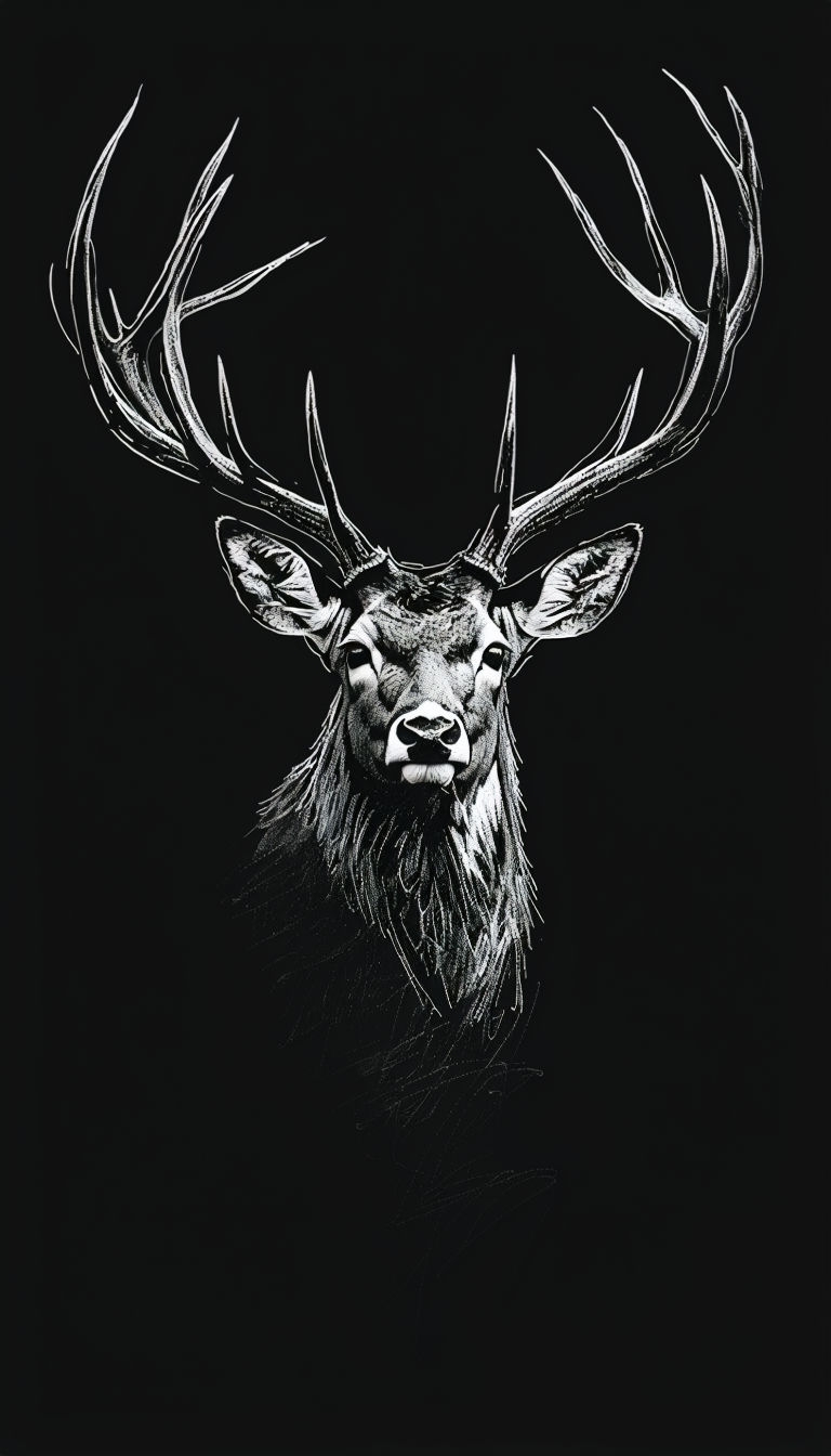 Minimalist Stag Head Sketch with Antlers on Black Background Mobile Wallpaper