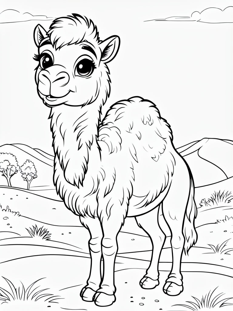 Cute Cartoon Camel in Desert Landscape Coloring Page