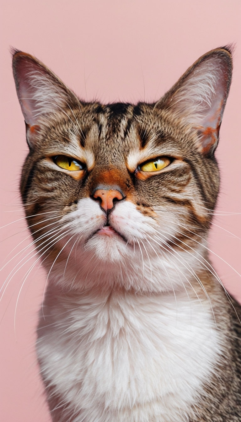 Close-Up Portrait of a Striking Tabby Cat on Pink Background Mobile Wallpaper