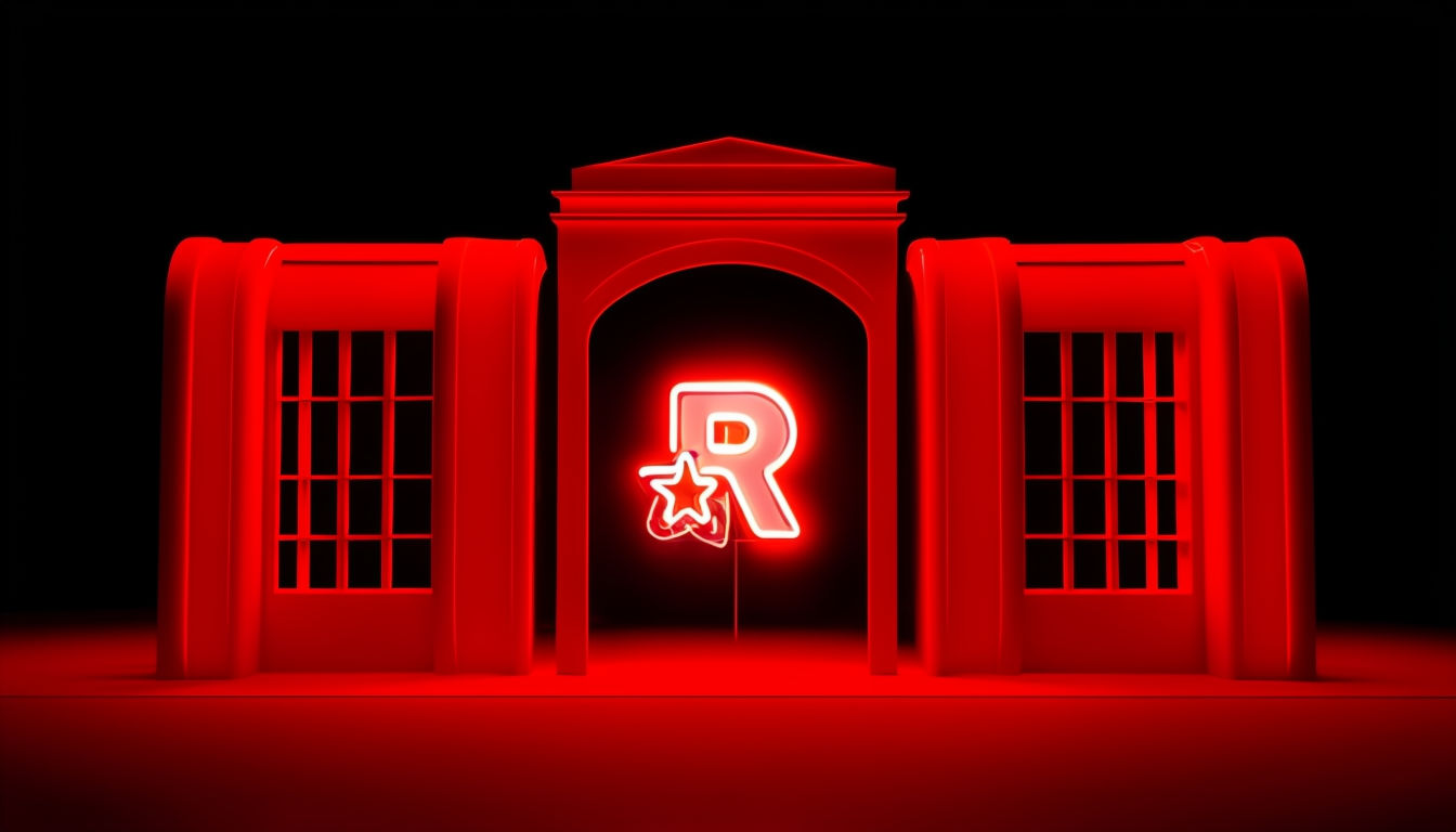 Futuristic Neon Building Entrance with Red 'R' Rating Symbol Poster