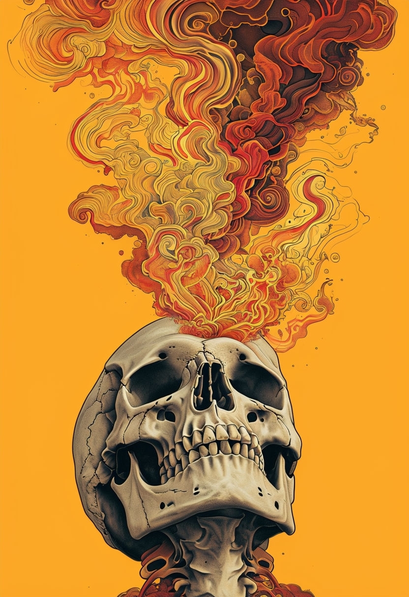 Surreal Skull with Fire and Smoke Patterns Artwork