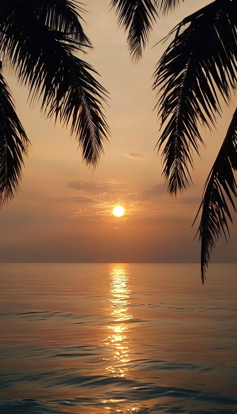 Tranquil Tropical Sunset with Palm Trees Reflection Mobile Wallpaper