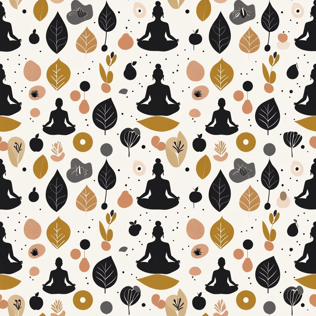 Meditating Figures and Botanical Silhouettes Seamless Pattern