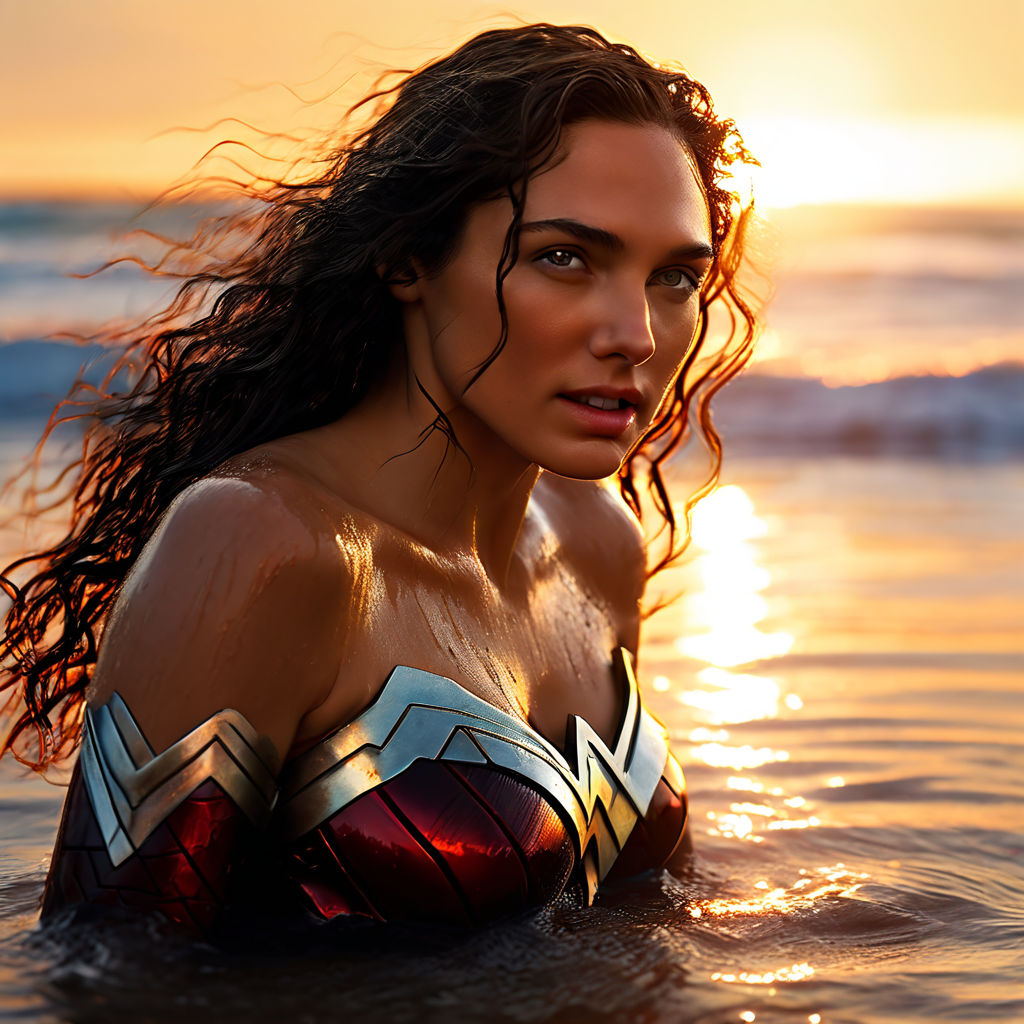 nude beach with Gal Gadot as a mermaid sitting on a nude beach  cleavage-displaying cutout