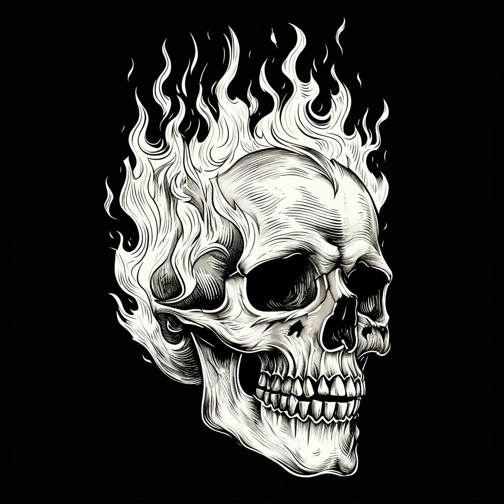 Vintage Black and White Skull Engraving with Flames T-shirt