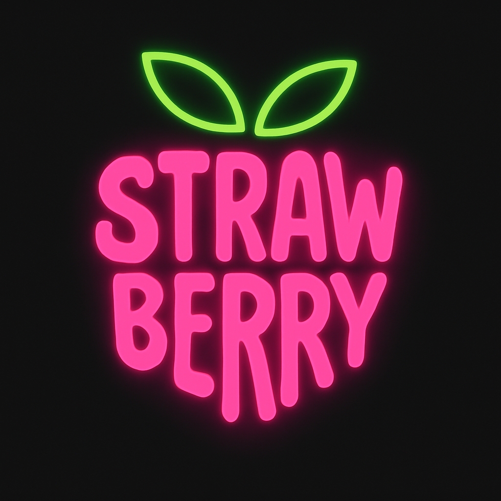 Neon Pink Strawberry Sign with Green Leaves Logo
