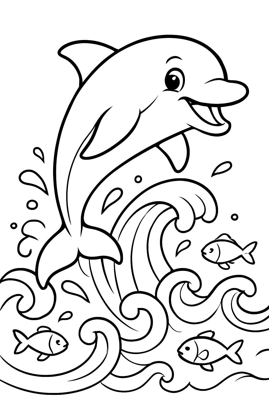 Cartoon Dolphin Leaping with Ocean Waves Coloring Page