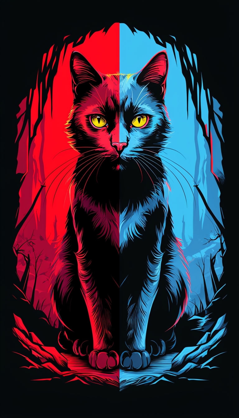 Symmetrical Black Cat Illustration in Red and Blue Mobile Wallpaper
