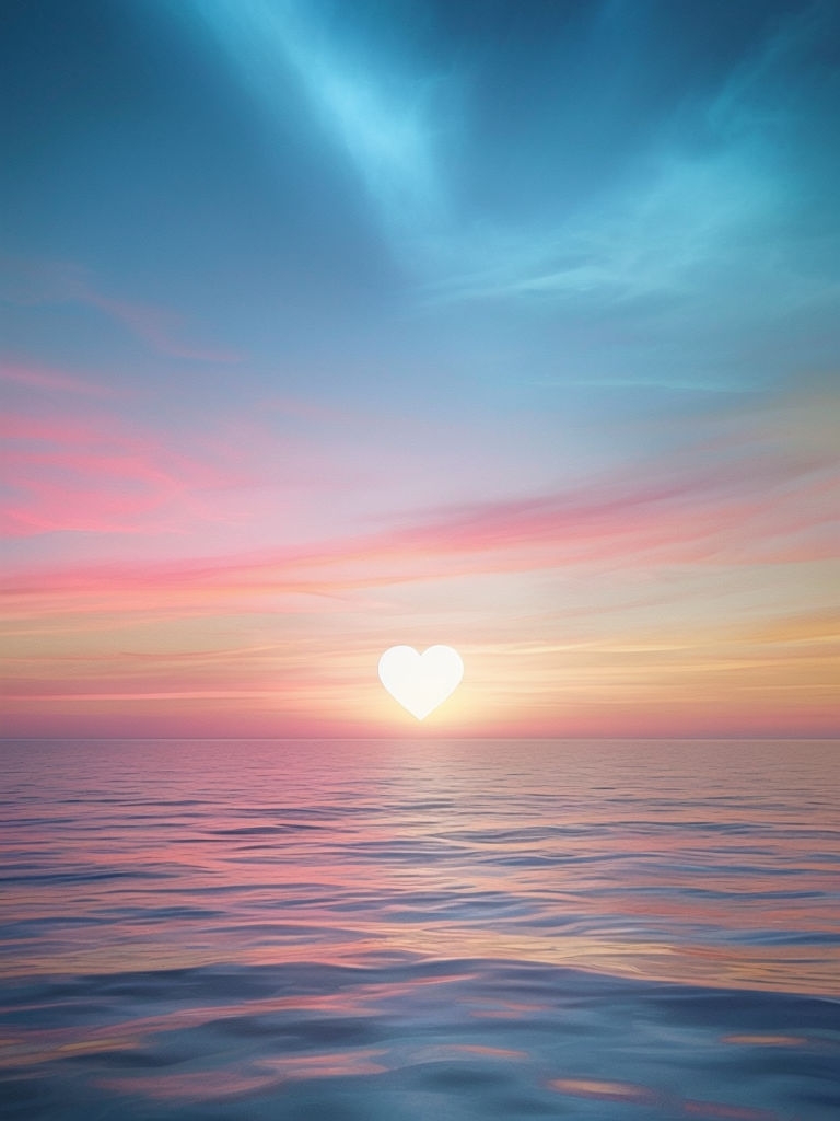 Serene Sunset Ocean Photograph with Heart-Shaped Sun Art