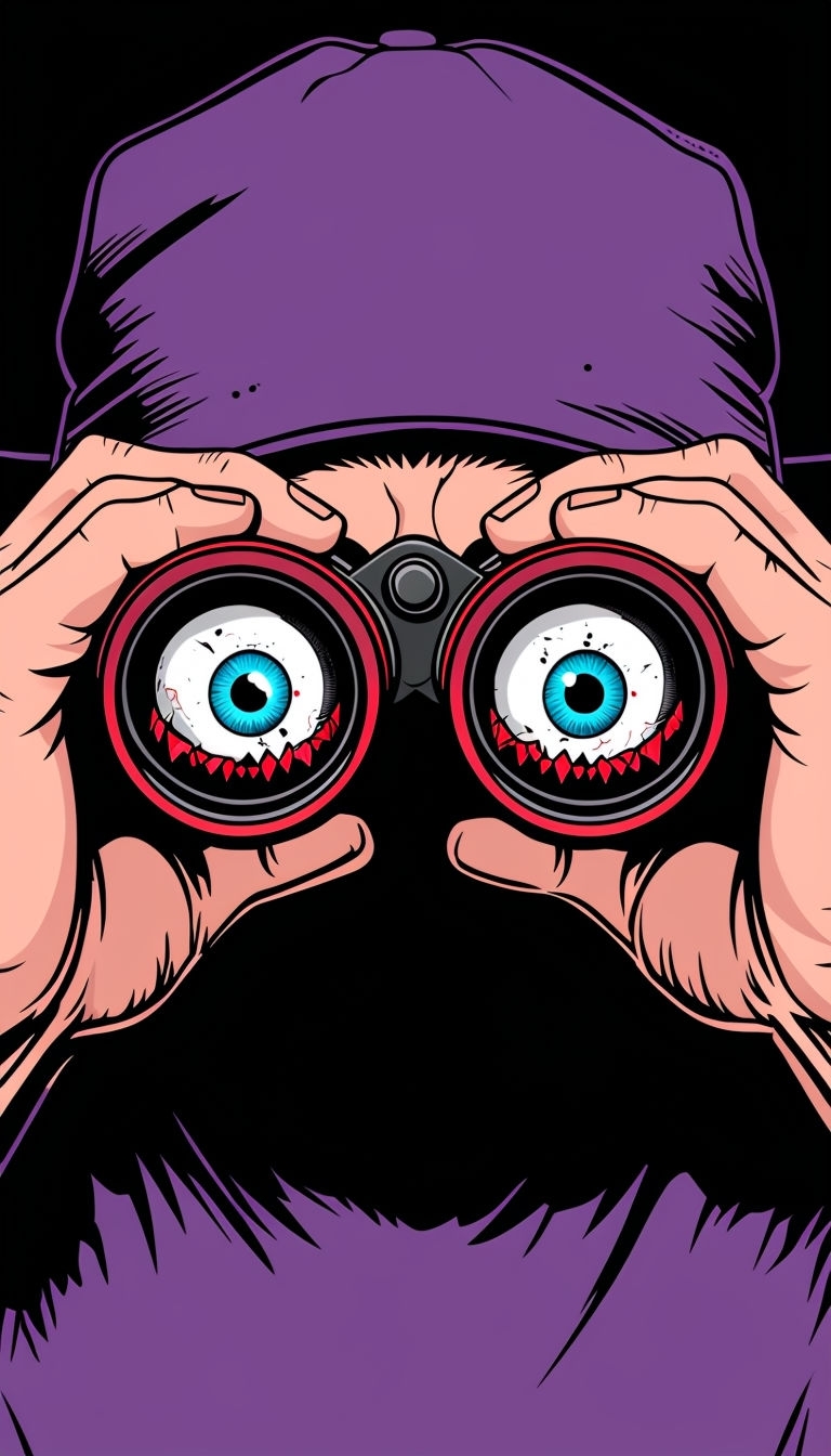 Intense Comic-Style Hands with Binoculars and Menacing Eye Mobile Wallpaper