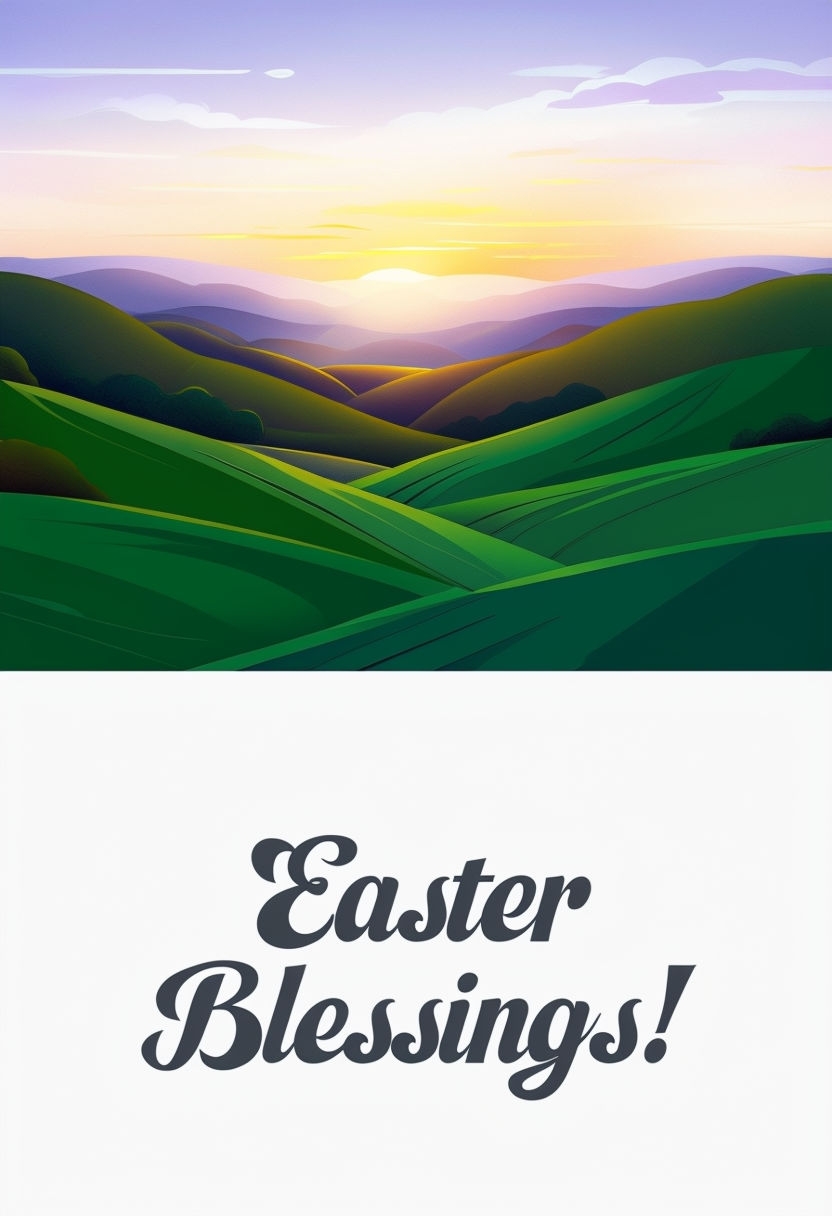 Serene Sunrise Hilly Landscape Easter Card Design Illustration