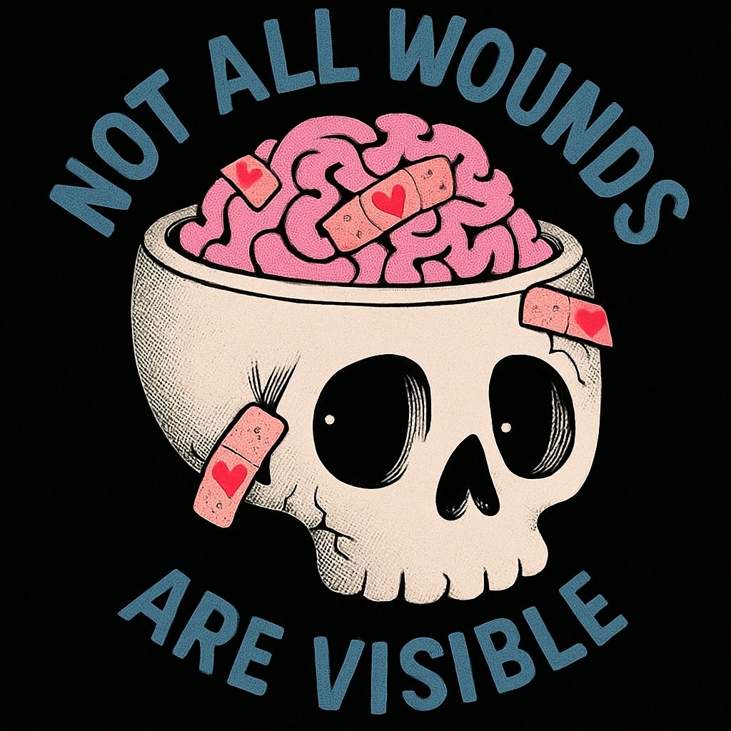 Emotional Skull with Brain and Band-Aids Illustration T-Shirt