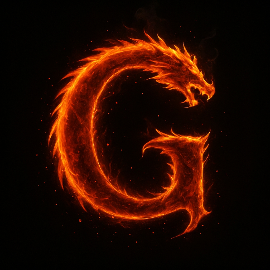 Fiery Dragon Letter G Illustration Against Black Background Monogram
