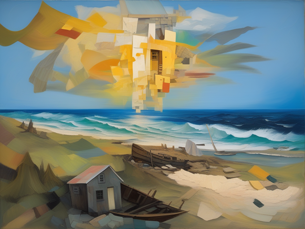 Dadaism oil painting featuring a shack and boat on a shore w... by ...