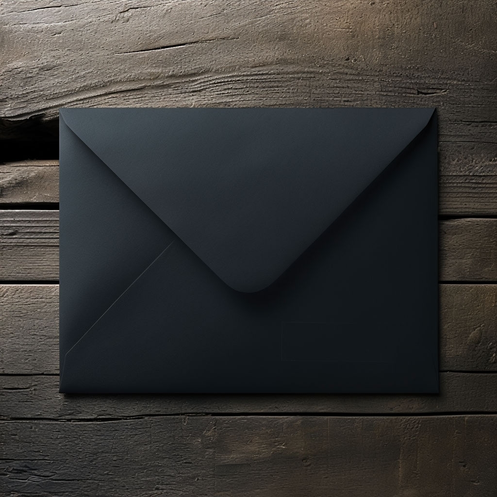 Elegant Matte Black Envelope Mockup on Rustic Wood Background Mockup